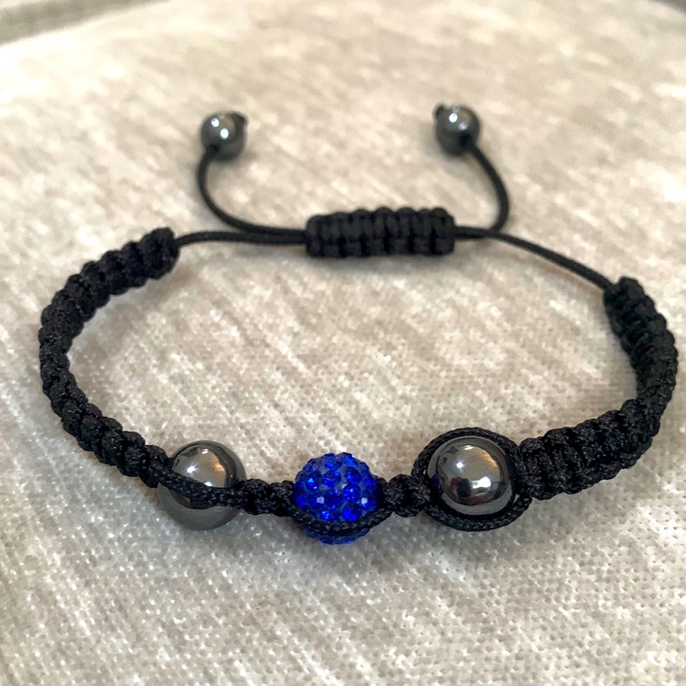 Royal Blue Ball Bead w/ Hematite Shamballa Bracelet, Adjustable Woven
